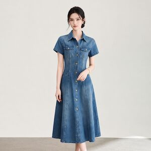 2610310-纯棉翻领时髦摩登感夏季款女装短袖牛仔裙通勤休闲连衣裙