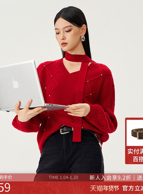 曼诺比菲商场同款2025新年红v领套头毛衣针织衫上衣MGCM111001
