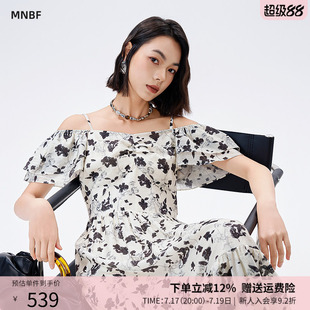 曼诺比菲商场同款夏季优雅气质一字肩吊带连衣裙女MGBL121020