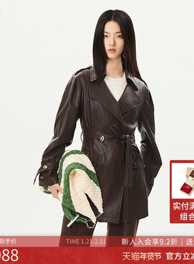 曼诺比菲商场同款2025秋季直筒翻领系带中长款皮衣外套SGFG134102