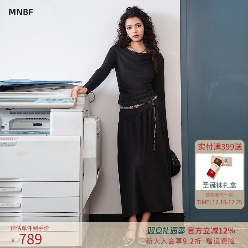 曼诺比菲商场同款2025冬季蕾丝针织拼接两件套装半身裙MGFJ141016