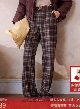 曼诺比菲商场同款2025冬季复古高腰直筒阔腿格子休闲裤MGCK144132
