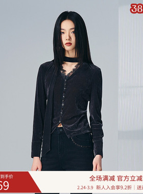 曼诺比菲商场同款春秋收腰v领蕾丝拼接长袖针织衫SGIT133064