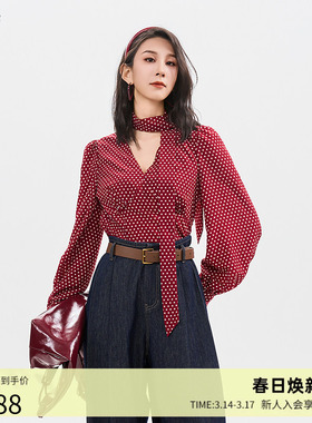 曼诺比菲商场同款春秋复古港风V领收腰波点梭织衫SGGS171046
