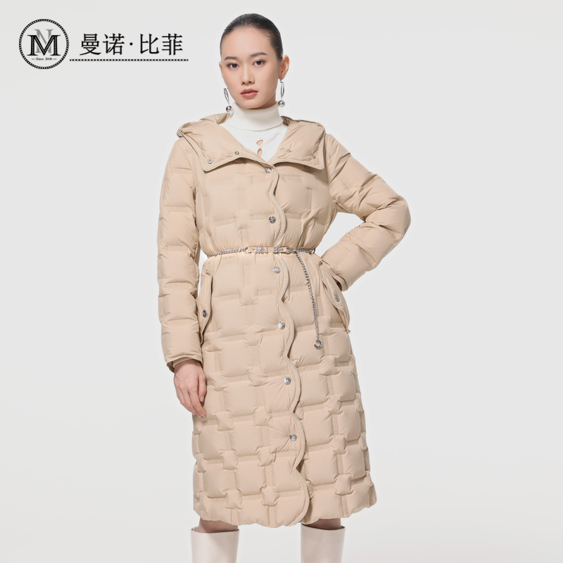 菱形格收腰连帽羽绒服外套长款女