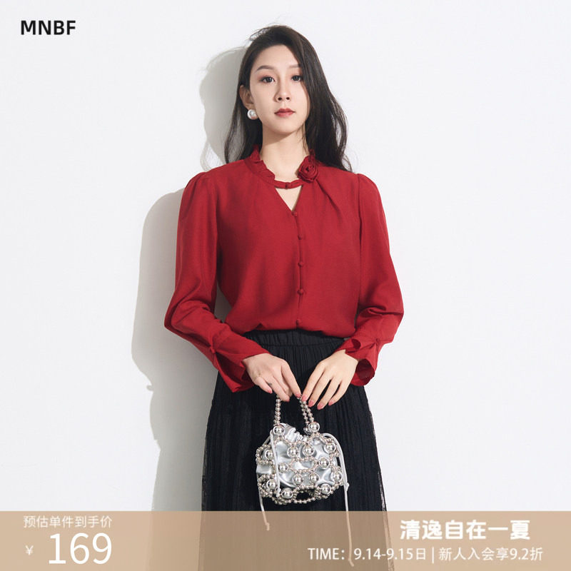 灯笼袖v领立体花朵长袖衬衫图片