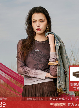 曼诺比菲商场同款2025秋季复古渐变修身套头网纱印花衫EGIT134112
