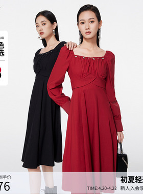 【商场同款】曼诺比菲春秋高级感红色方领连衣裙长裙女