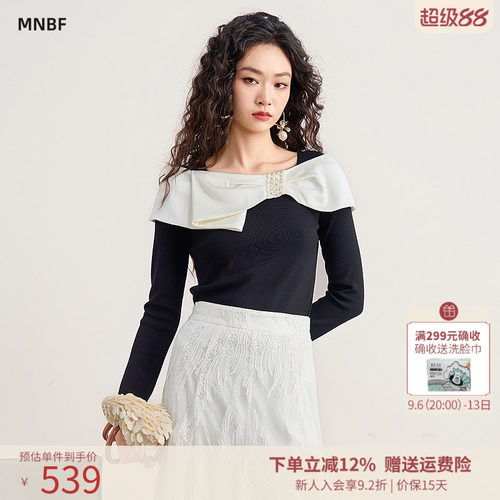 曼诺比菲商场同款2026春季一字肩修身蝴蝶结钉珠毛衣女SHCM113100