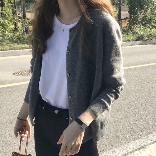 针织衫女开衫春秋2026新款薄款小衫灰色圆领外搭上衣秋冬毛衣外套
