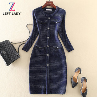 显瘦包臀裙中长款 秋冬新款 修身 长袖 小香风针织连衣裙 气质优雅女装