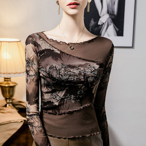 新中式国风印花网纱水墨画打底衫女春装长袖薄纱t恤舞蹈纱衣上衣