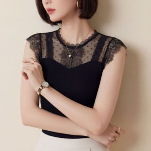 春夏新款 女百搭修身 性感睫毛蕾丝花边拼接圆领短袖 上衣 蕾丝打底衫