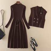 马甲长袖 清仓秋冬新款 两件套高端女装 显瘦A字裙针织打底连衣裙子