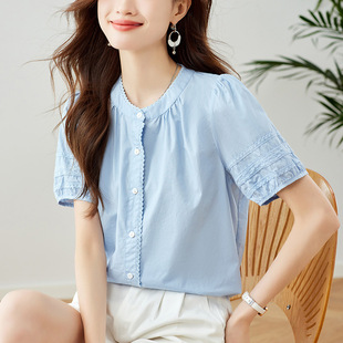 漂亮小衫圆领短袖女2026夏季新款设计感纯棉衬衫宽松显瘦气质上衣