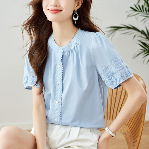 漂亮小衫圆领短袖女2026夏季新款设计感纯棉衬衫宽松显瘦气质上衣