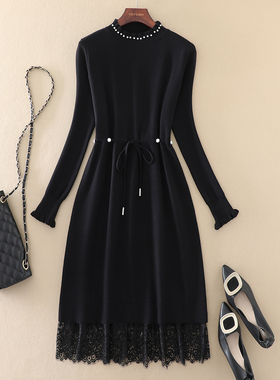 2025秋冬新款气质女装黑色毛衣裙子蕾丝拼接钉珠针织打底连衣裙