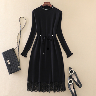 2025秋冬新款气质女装黑色毛衣裙子蕾丝拼接钉珠针织打底连衣裙