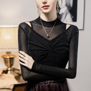 春装新款黑色性感打底衫女装长袖亮丝网纱t恤高级感亮闪闪上衣
