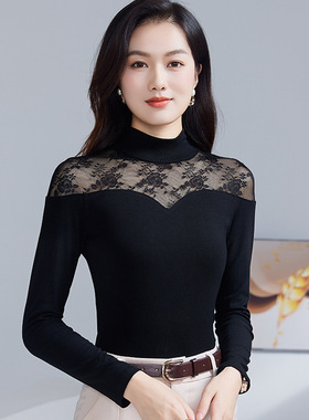 春秋新款半高领蕾丝拼接长袖打底衫女装百搭黑色T恤小衫内搭上衣