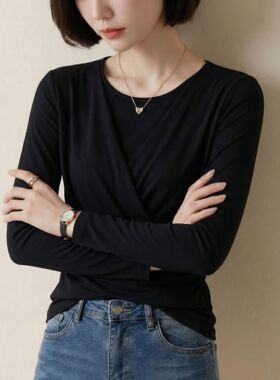 高端打底衫修身长袖交叉薄款收腰黑色网纱上衣春秋新款女装小衫