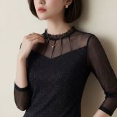 女装 半高领打底衫 蕾丝黑色网纱拼接上衣20226春装 新款 女长袖 小衫