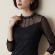 女装 半高领打底衫 蕾丝黑色网纱拼接上衣20226春装 新款 女长袖 小衫