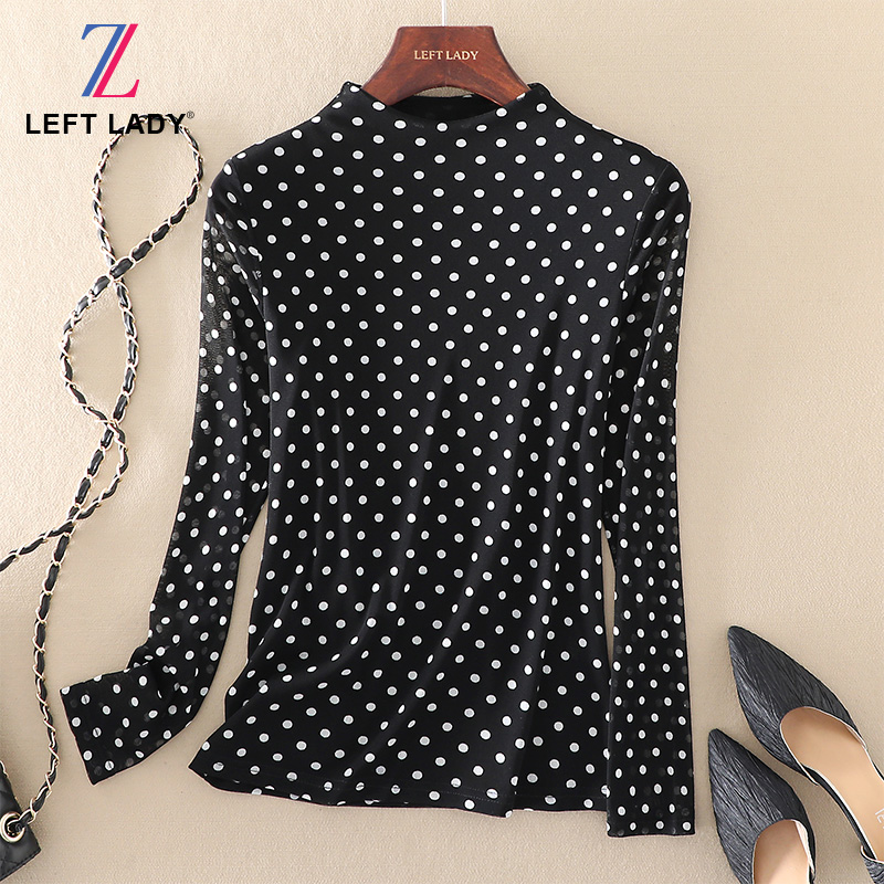 早春新款圆点印花长袖T恤小衫