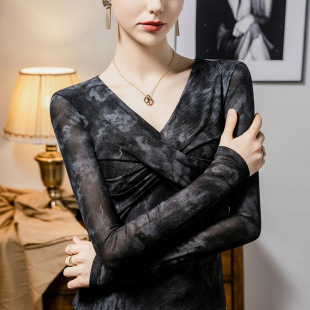新款 长袖 女装 v领网纱打底衫 沙体t恤舞蹈纱衣印花上衣 小衫 2026春装