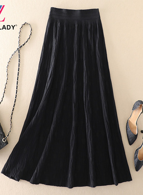 春秋新款高端气质女装显瘦A字裙树皮纹黑色高腰中长款针织半身裙