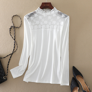 显瘦白色长袖 2025春秋新款 修身 蕾丝内搭打底衫 上衣 高端气质女装