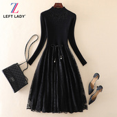 长袖 2025秋冬新款 高端气质女装 系带针织A字裙蕾丝拼接打底连衣裙