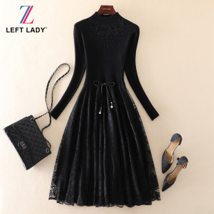 系带针织A字裙蕾丝拼接打底连衣裙 长袖 2025秋冬新款 高端气质女装