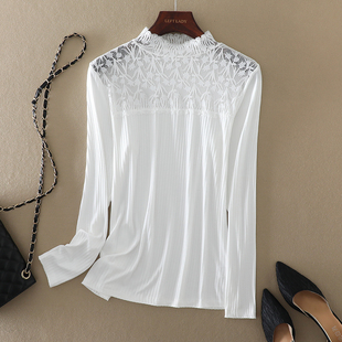 内搭白色网纱半高领打底衫 气质女装 2025春秋新款 蕾丝上衣女长袖