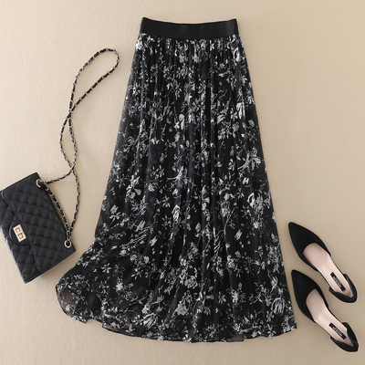 真丝半身裙新款夏气质女装中长款水墨印花高腰显瘦桑蚕丝a字裙子