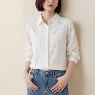 纯棉白色衬衫 小衫 女装 新款 气质上衣宽松显瘦衬衣 2026春季 绣花长袖