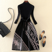清仓新款 内搭打底刺绣拼接针织连衣裙 黑色长袖 高端气质女装 中长款