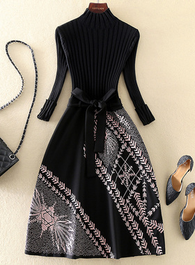 清仓新款高端气质女装中长款黑色长袖内搭打底刺绣拼接针织连衣裙
