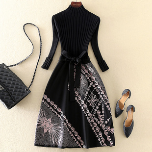 黑色长袖 中长款 内搭打底刺绣拼接针织连衣裙 高端气质女装 清仓新款