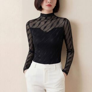 打底衫 春秋新款 半高领百搭短款 钉珠拼接网纱上衣修身 高端气质女装