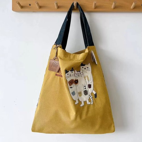 慵懒风大号单肩包 双层手提包 日本kusuguru刺绣猫咪手拎包布艺包