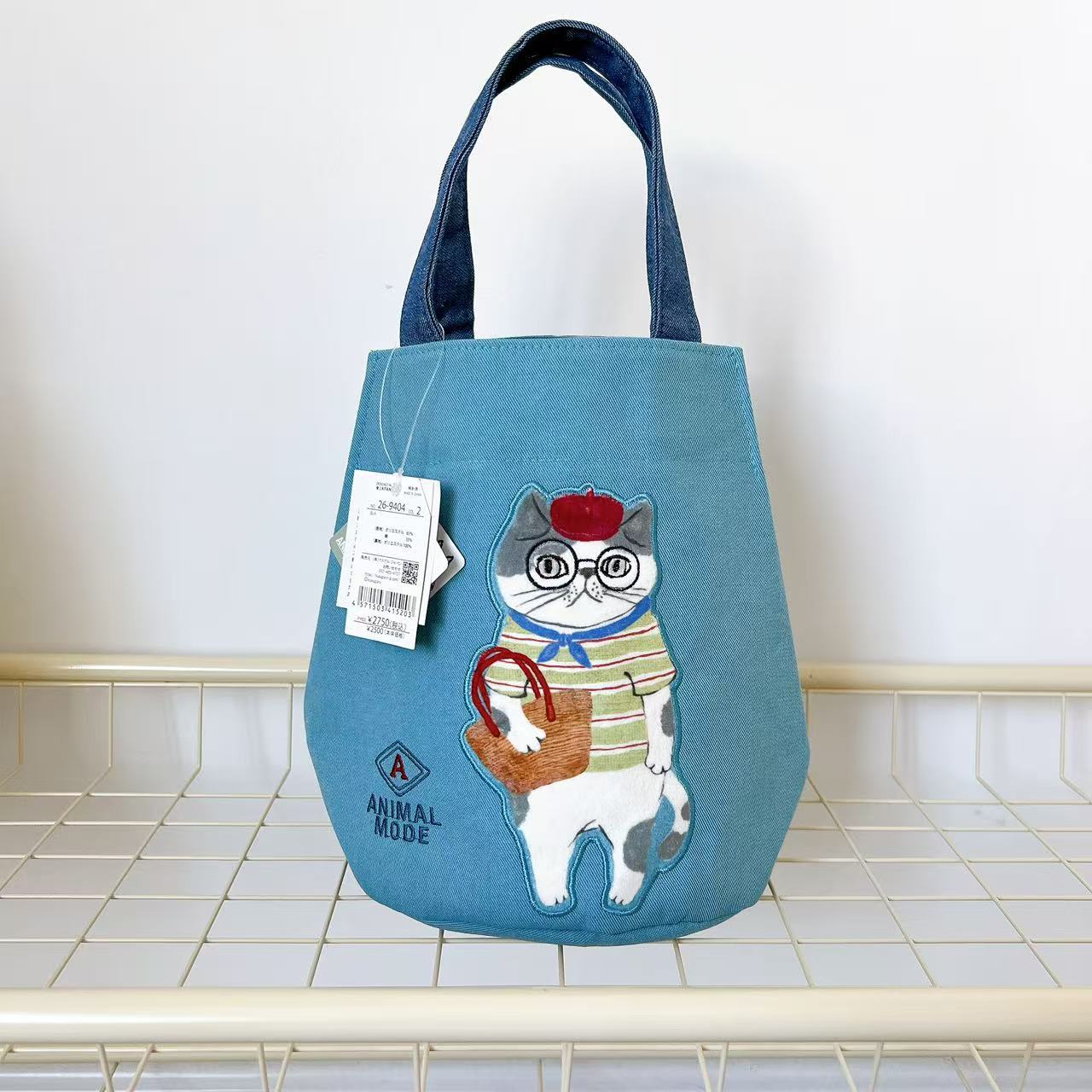 水桶包 通勤布艺包 日本Kusuguru正品刺绣猫咪法斗手提包 手拎包