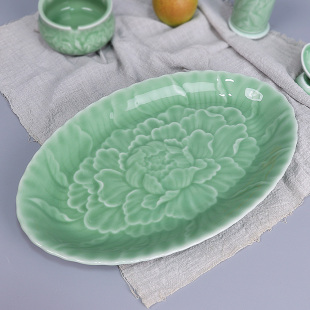 龙泉窑唐宫青瓷陶瓷家用餐具花开富贵牡丹大号椭圆花边鱼盘