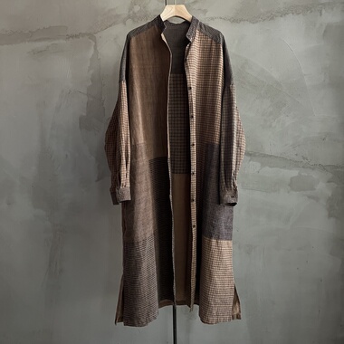 沉香布衣草堂 柿染风衣衬衫 小立领长衣老布随拼古古麦G25a10233