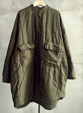 沉香布衣草堂棉服中长衣小立领进口色织亚麻汉麻自制C25w11276