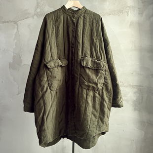 沉香布衣草堂棉服中长衣小立领进口色织亚麻汉麻自制C25w11276