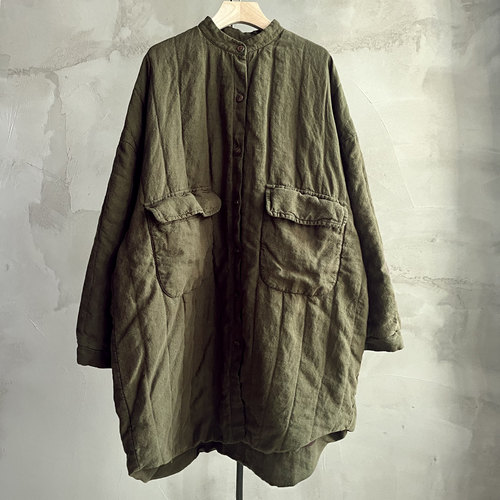 沉香布衣草堂棉服中长衣小立领进口色织亚麻汉麻自制C25w11276