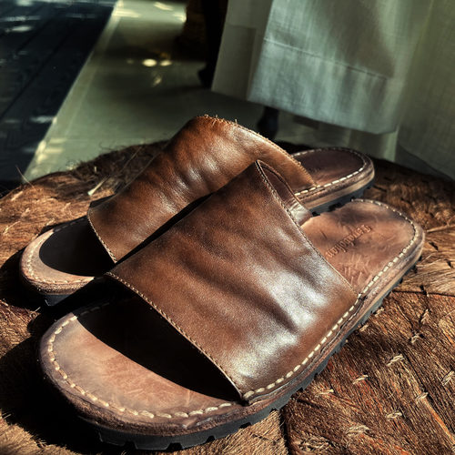 沉香布衣草堂牛皮透气拖鞋厚底夏凉拖休闲复古手工拖鞋