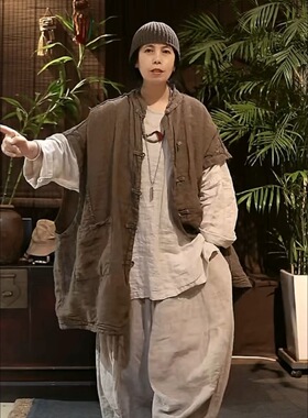 沉香布衣草堂 双层亚麻盘扣开衫长马甲 原创多色休闲SY26s011