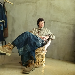 古古麦双层G25w12291 老布蓝染长裤 沉香布衣草堂 长门襟排扣裤